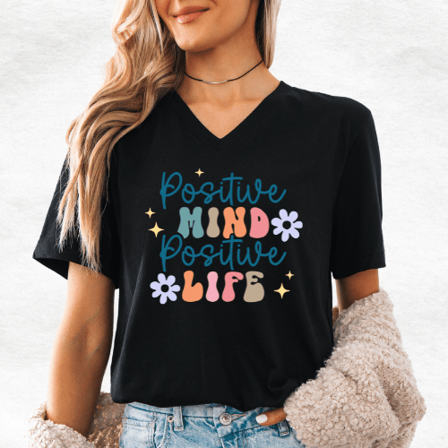 Black V - Neck T-Shirt – Positive Mind Positive Life | Stylish & Uplifting - MK CREATIONS