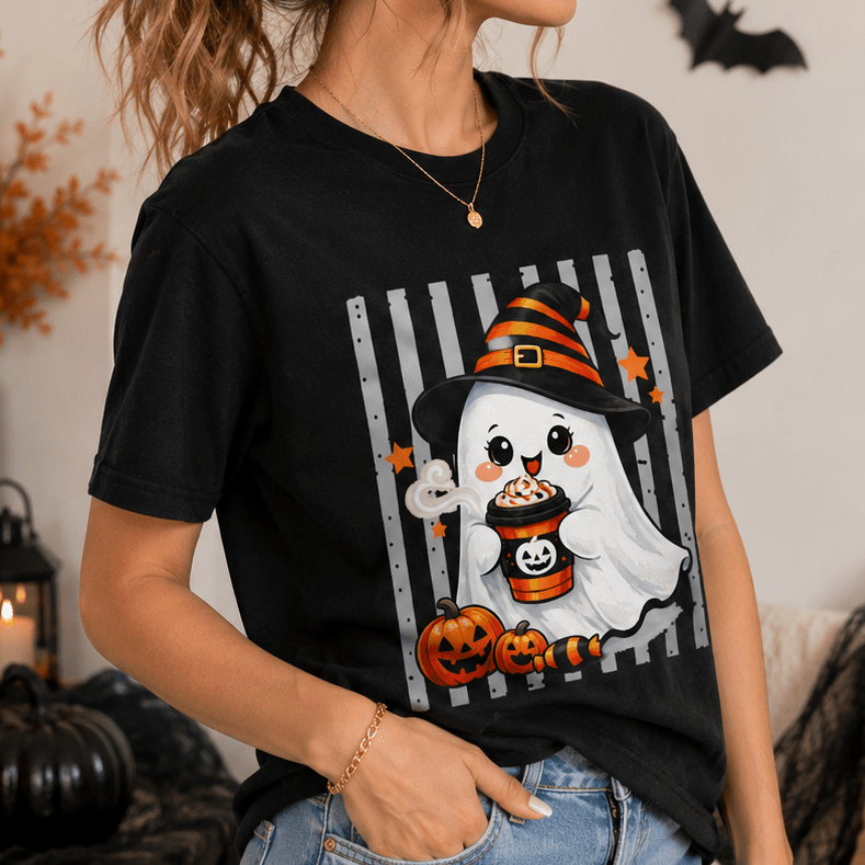 Cute Ghost Halloween Shirt, Halloween Coffee Shirt, Spooky Season Tee, Witch Ghost T-Shirt, Cute Halloween Graphic Tee, Fall Shirt - MK CREATIONS