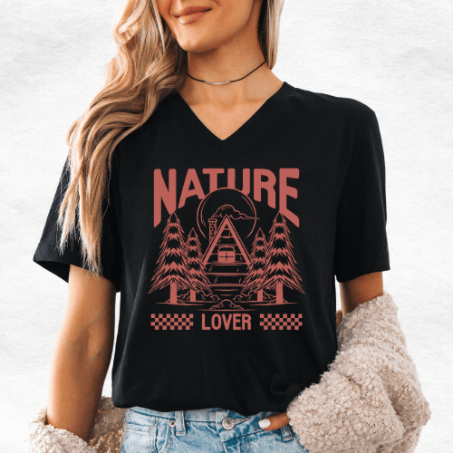 Nature Lovers V - Neck T-Shirt – Black Eco - Friendly Graphic Tee - MK CREATIONS