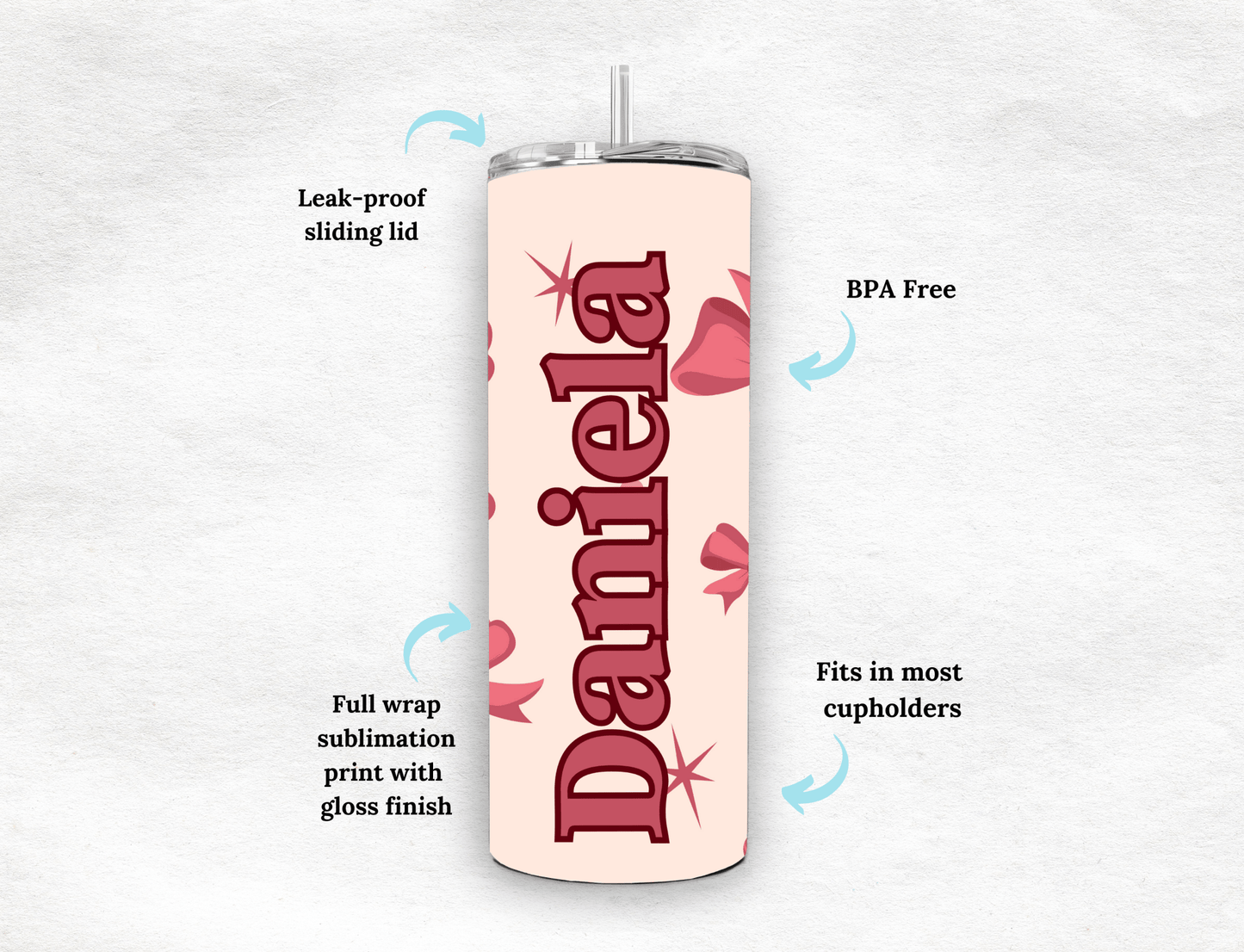 Personalized 20oz Tumbler with Bows β Custom Name Cup - MK CREATIONS