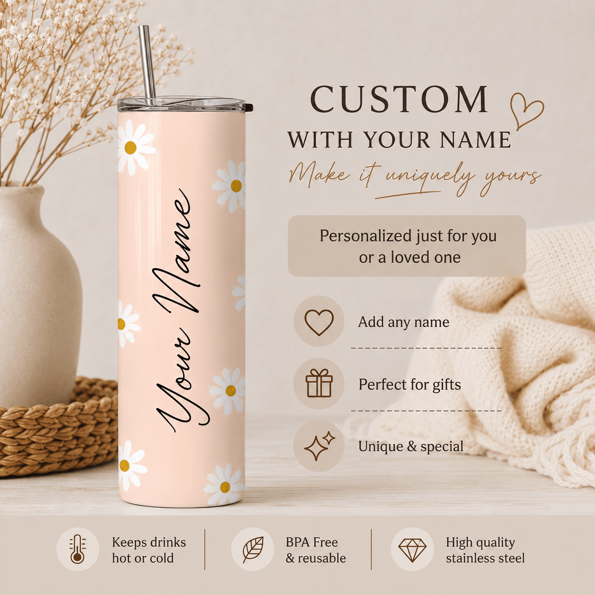 Personalized Daisy Tumbler with Name – 20 oz Custom Tumbler - MK CREATIONS
