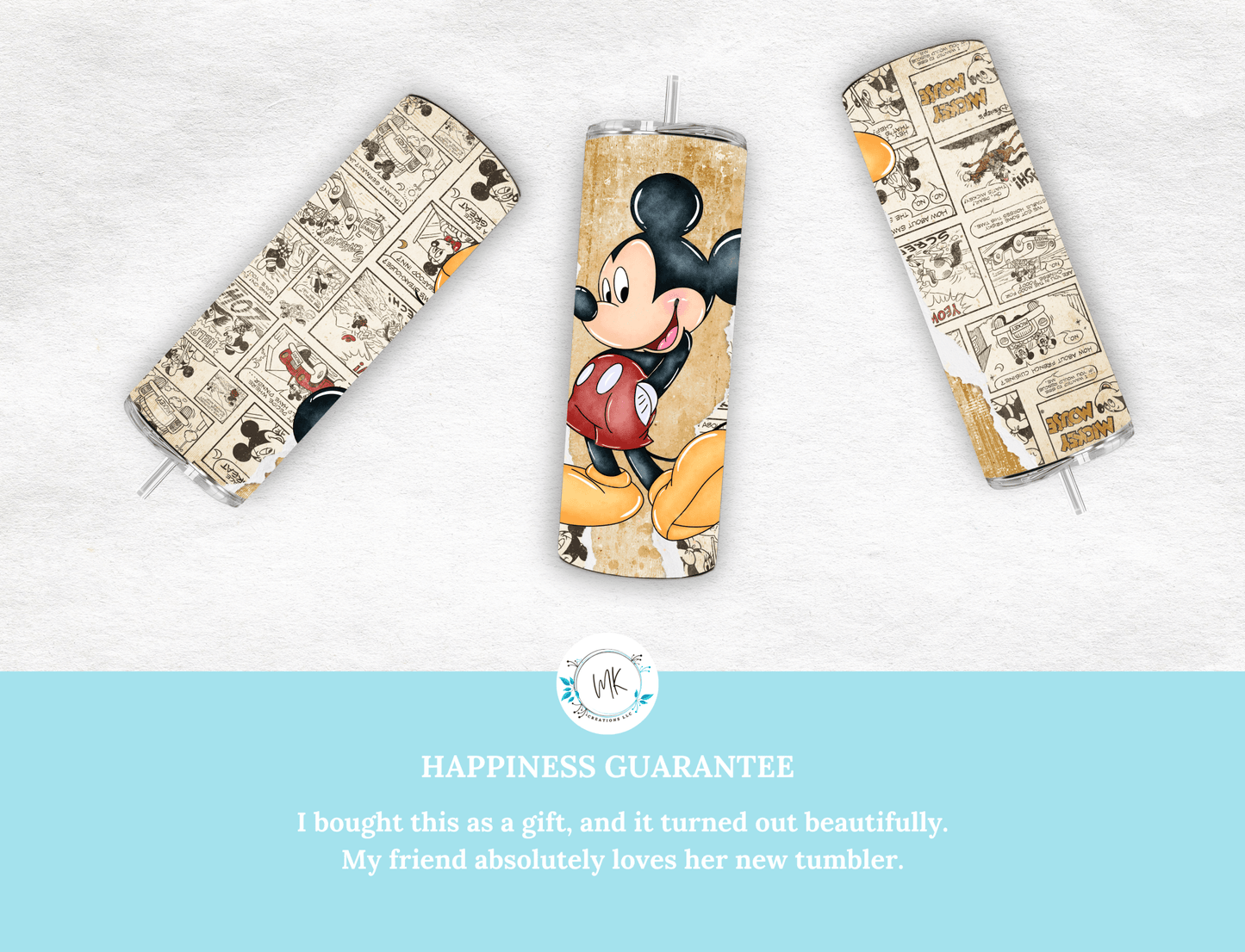 Retro Mickey Mouse 20 oz Skinny Tumbler,Mickey Comic Book Strip - MK CREATIONS