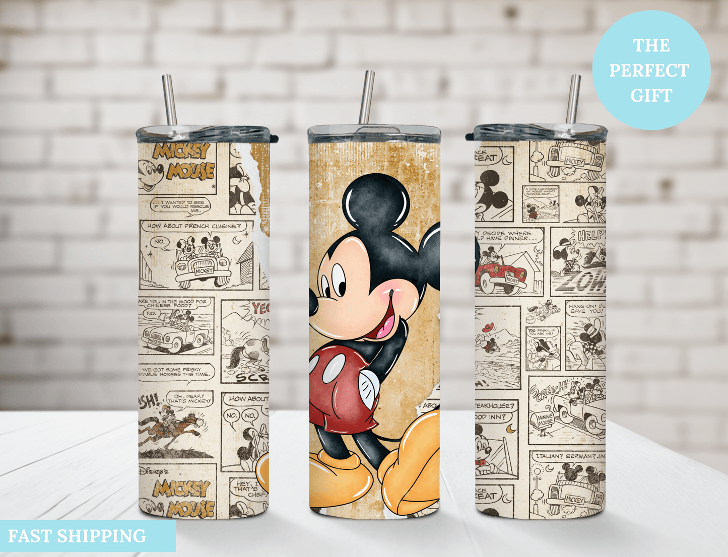 Retro Mickey Mouse 20 oz Skinny Tumbler,Mickey Comic Book Strip - MK CREATIONS