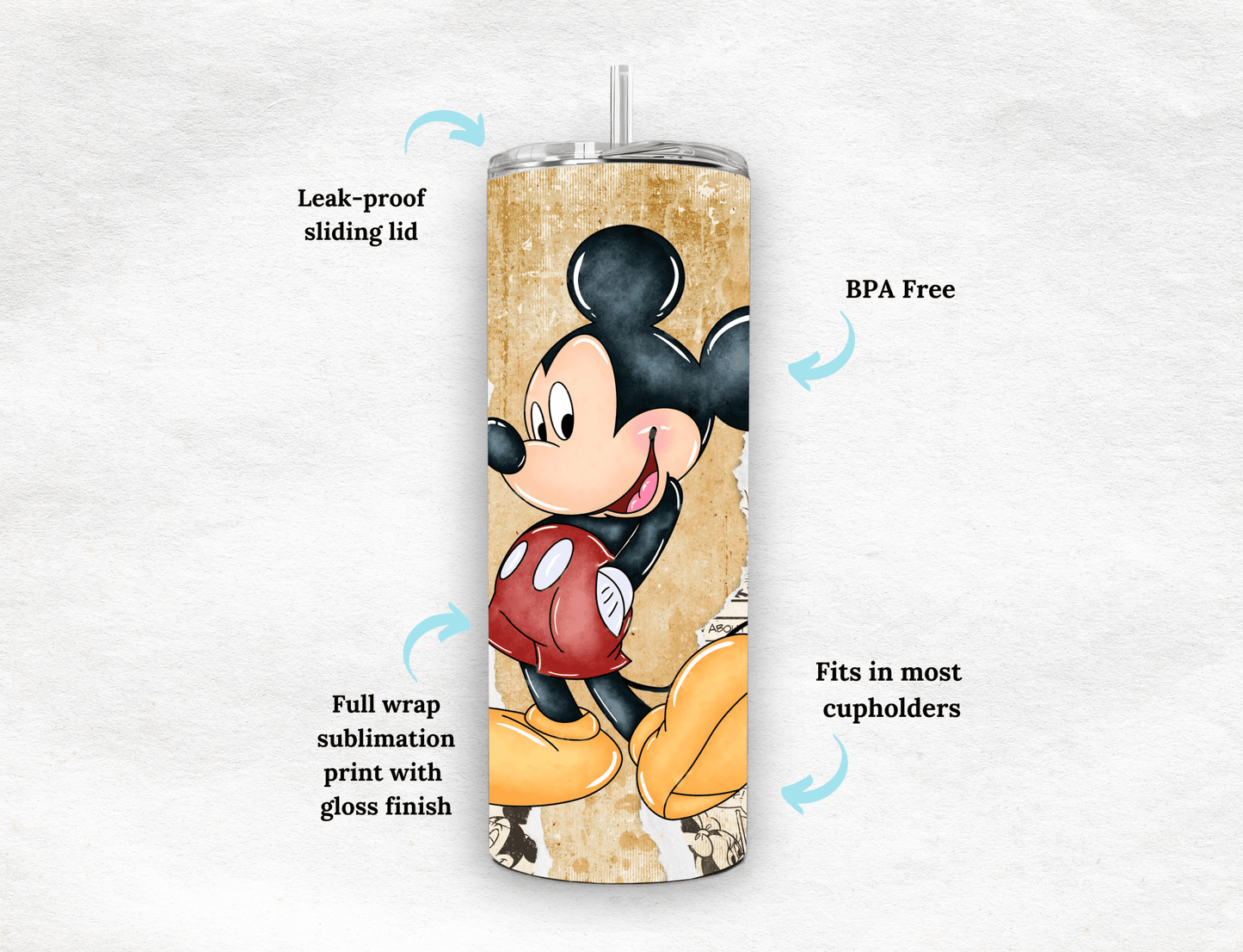 Retro Mickey Mouse 20 oz Skinny Tumbler,Mickey Comic Book Strip - MK CREATIONS