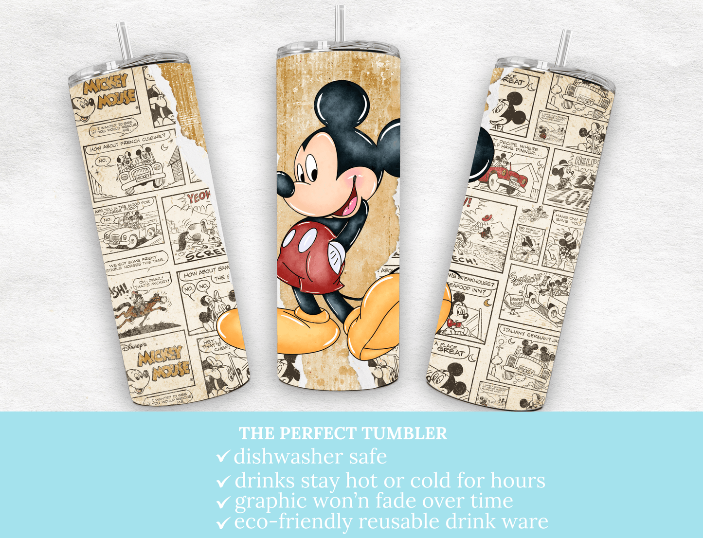 Retro Mickey Mouse 20 oz Skinny Tumbler,Mickey Comic Book Strip - MK CREATIONS