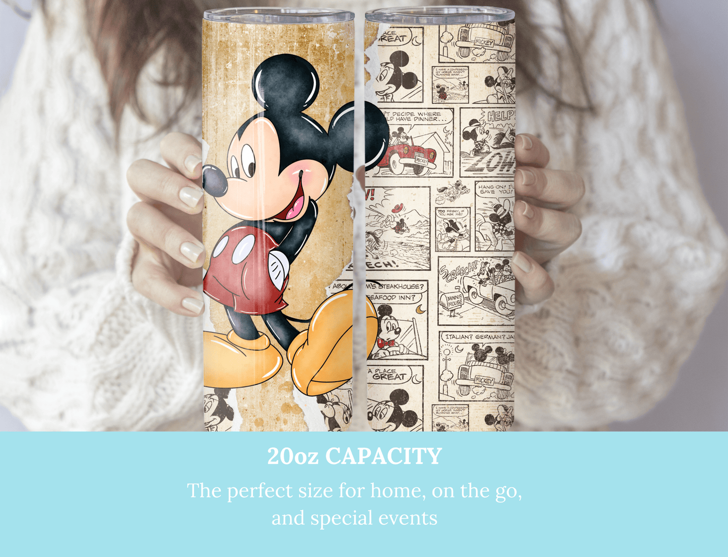 Retro Mickey Mouse 20 oz Skinny Tumbler,Mickey Comic Book Strip - MK CREATIONS
