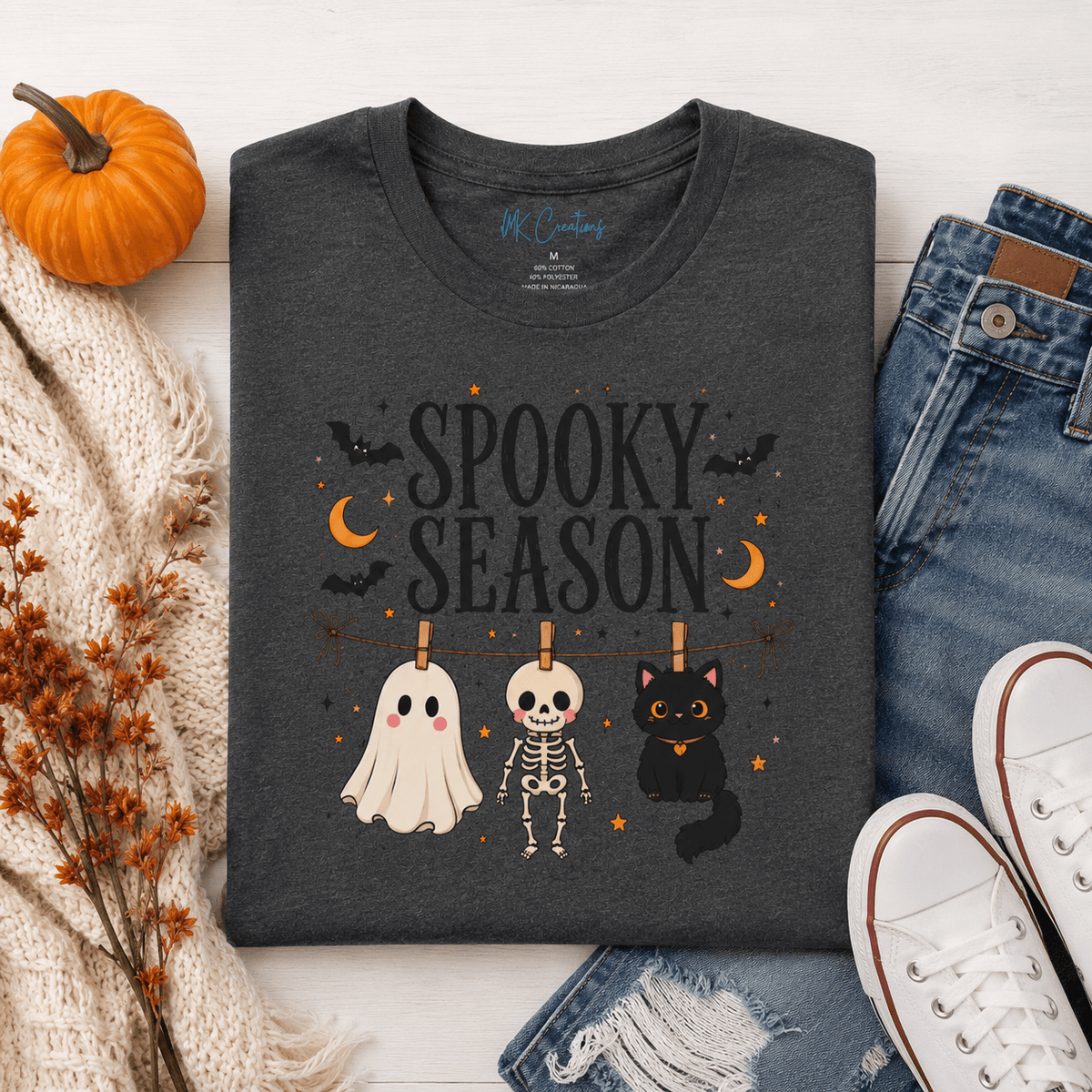 Spooky Season Shirt, Halloween Shirt for Women, Cute Ghost Shirt, Skeleton & Black Cat Tee, Halloween Graphic T-Shirt, Spooky Fall Tee - MK CREATIONS
