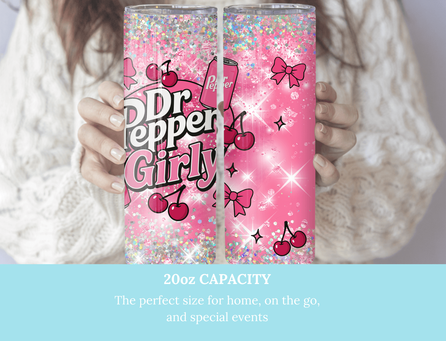 Trendy cherry Dr. Pepper Girly. Pink Bow - Tied Bottle Drinks Wrap for 20oz Tumblers, soda pattern, bows - MK CREATIONS