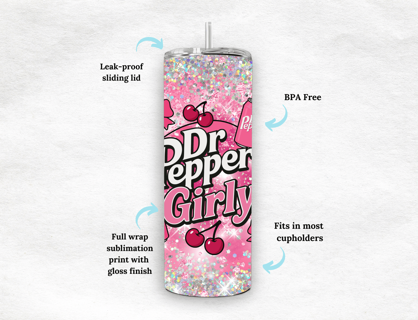 Trendy cherry Dr. Pepper Girly. Pink Bow - Tied Bottle Drinks Wrap for 20oz Tumblers, soda pattern, bows - MK CREATIONS