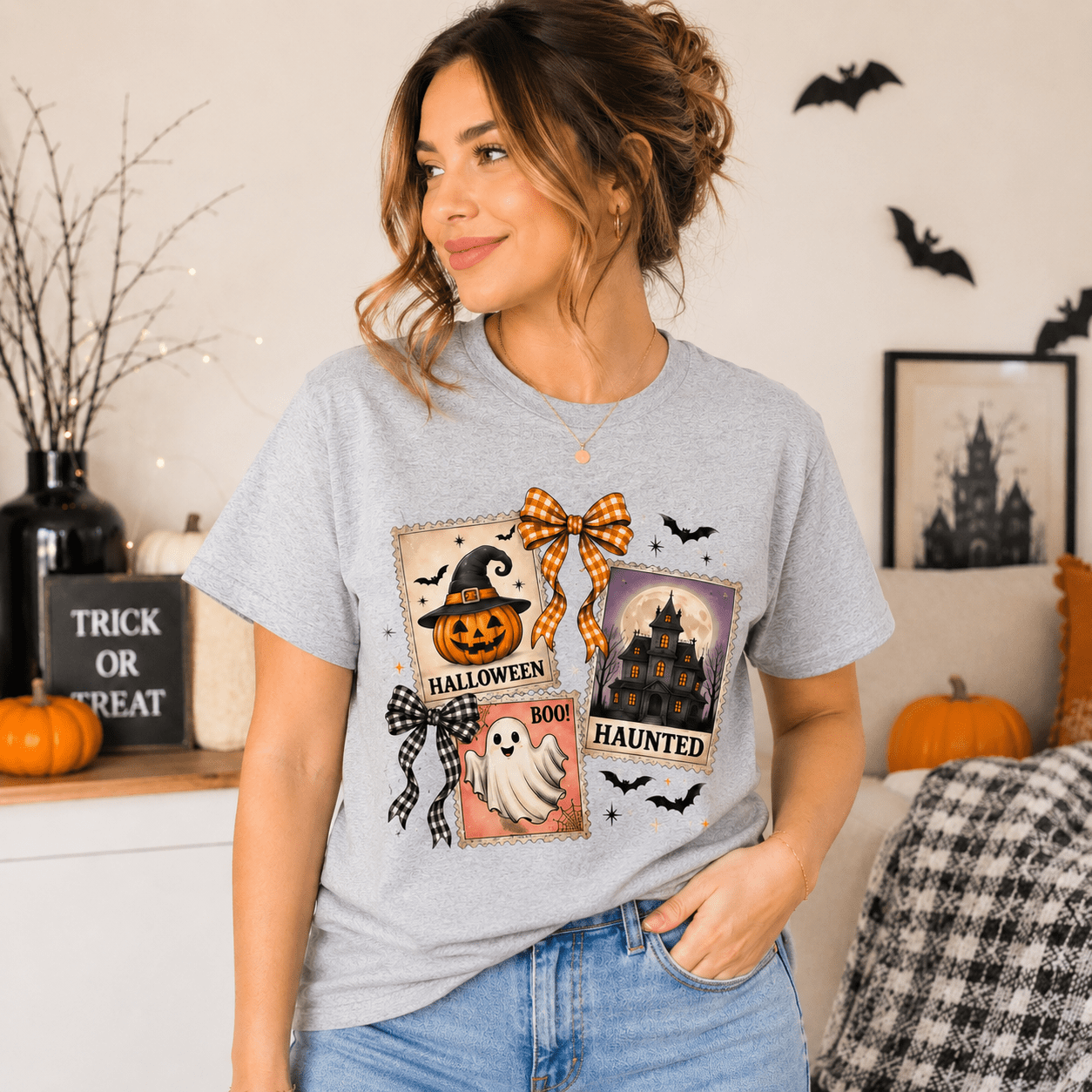 Vintage Halloween Shirt, Cute Ghost Pumpkin Tee, Haunted House Halloween T-Shirt, Spooky Season Shirt, Fall Graphic Tee for Women - MK CREATIONS