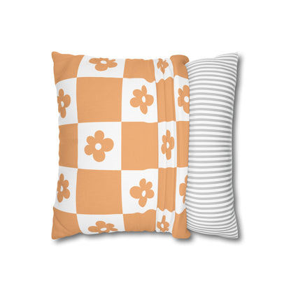 Retro Orange Checker Floral Pillow Cover — 16" Square Decorative Throw