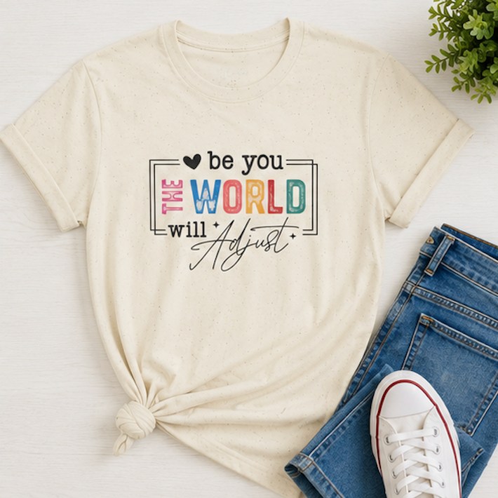 An off-white graphic t-shirt with a tie knot, styled in a flat lay with blue jeans, a white sneaker, and a small green plant on a white wood background. The t-shirt features the text 'be you THE WORLD will Adjust' in black and colorful block letters.