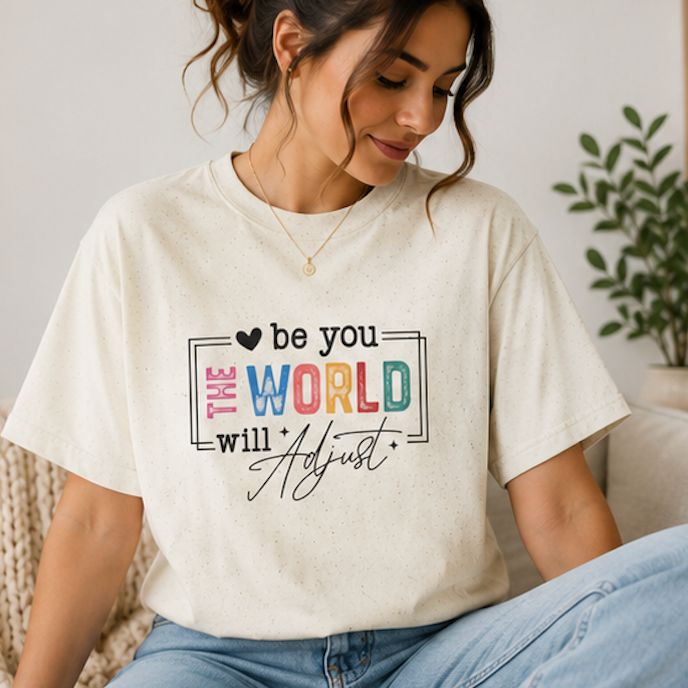 A woman wearing a cream-colored graphic t-shirt that reads 'be you THE WORLD will Adjust' in black and colorful lettering, paired with light blue jeans in a cozy indoor setting.