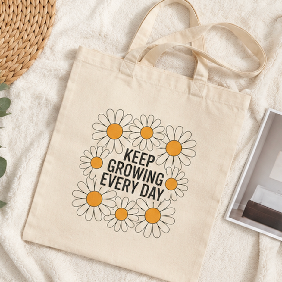 Tote Bag — "Keep Growing Every Day" Daisy Canvas Tote