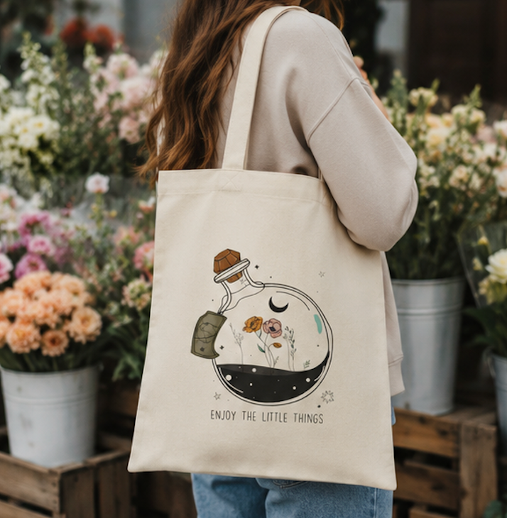 Enjoy the Little Things Canvas Tote Bag | Reusable Cotton Tote | Botanical Gift Bag