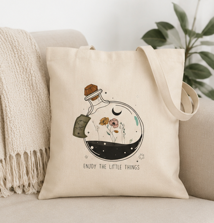 Enjoy the Little Things Canvas Tote Bag | Reusable Cotton Tote | Botanical Gift Bag