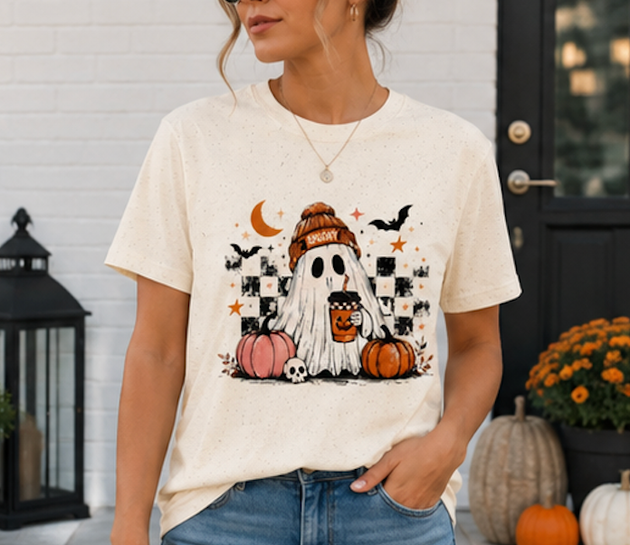 Cute Ghost Halloween Shirt, Spooky Season Shirt, Ghost Coffee Tee, Fall Graphic T-Shirt, Pumpkin Halloween Shirt, Autumn Shirt