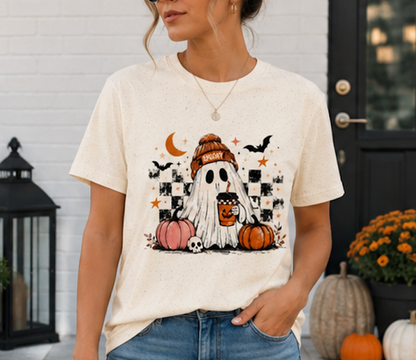 Cute Ghost Halloween Shirt, Spooky Season Shirt, Ghost Coffee Tee, Fall Graphic T-Shirt, Pumpkin Halloween Shirt, Autumn Shirt