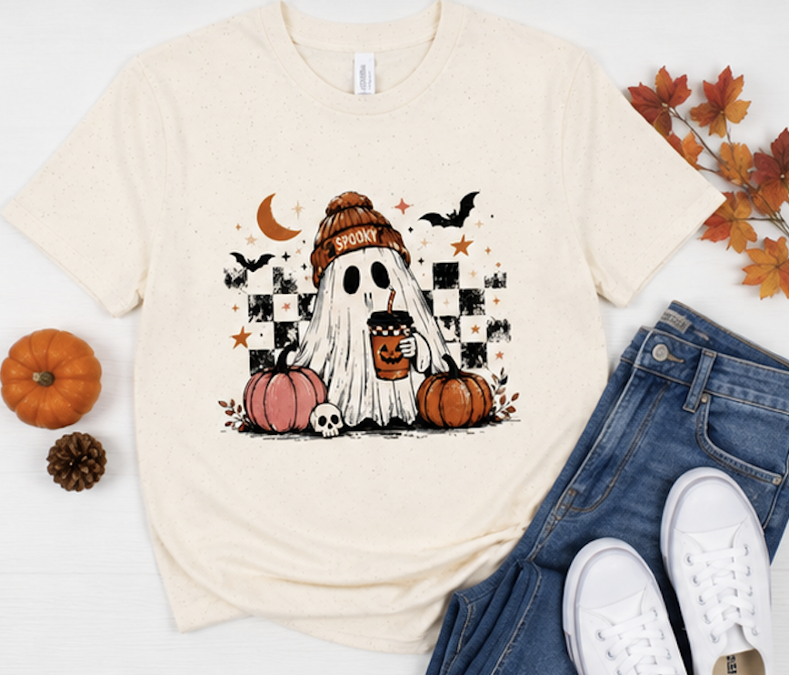 Cute Ghost Halloween Shirt, Spooky Season Shirt, Ghost Coffee Tee, Fall Graphic T-Shirt, Pumpkin Halloween Shirt, Autumn Shirt