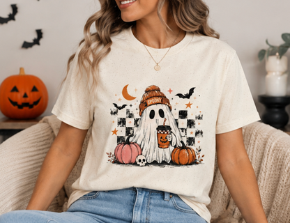 Cute Ghost Halloween Shirt, Spooky Season Shirt, Ghost Coffee Tee, Fall Graphic T-Shirt, Pumpkin Halloween Shirt, Autumn Shirt