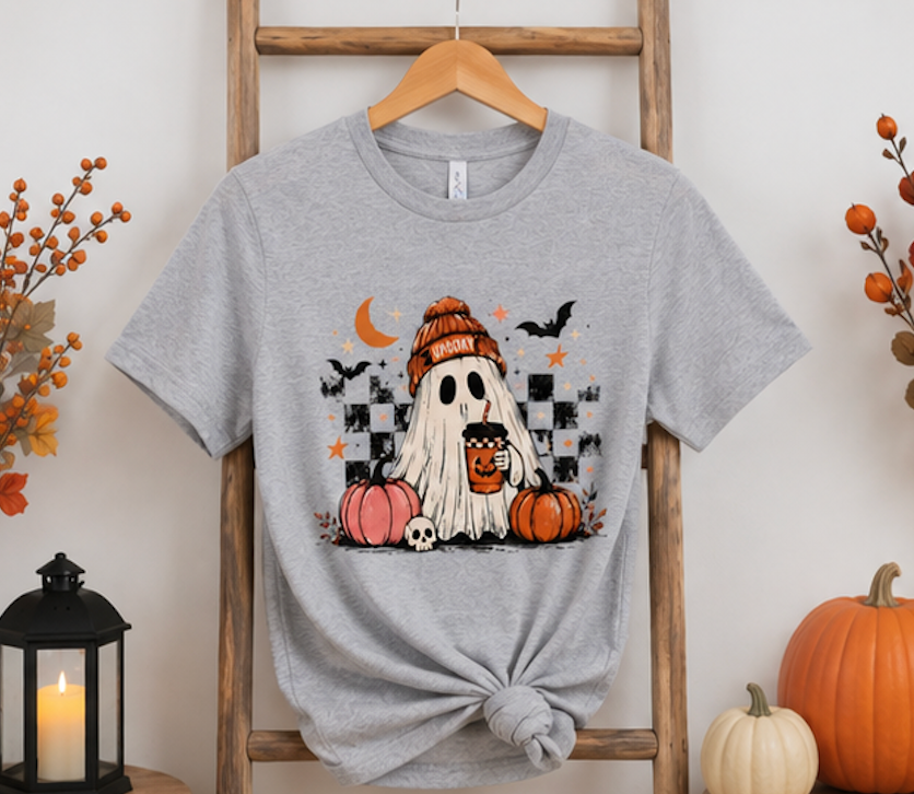 Cute Ghost Halloween Shirt, Spooky Season Shirt, Ghost Coffee Tee, Fall Graphic T-Shirt, Pumpkin Halloween Shirt, Autumn Shirt