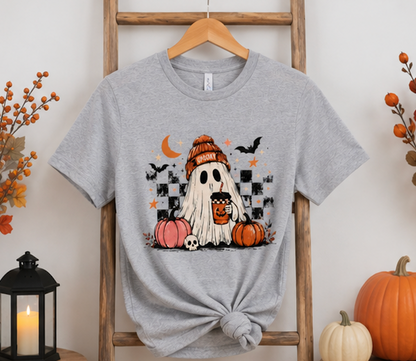 Cute Ghost Halloween Shirt, Spooky Season Shirt, Ghost Coffee Tee, Fall Graphic T-Shirt, Pumpkin Halloween Shirt, Autumn Shirt