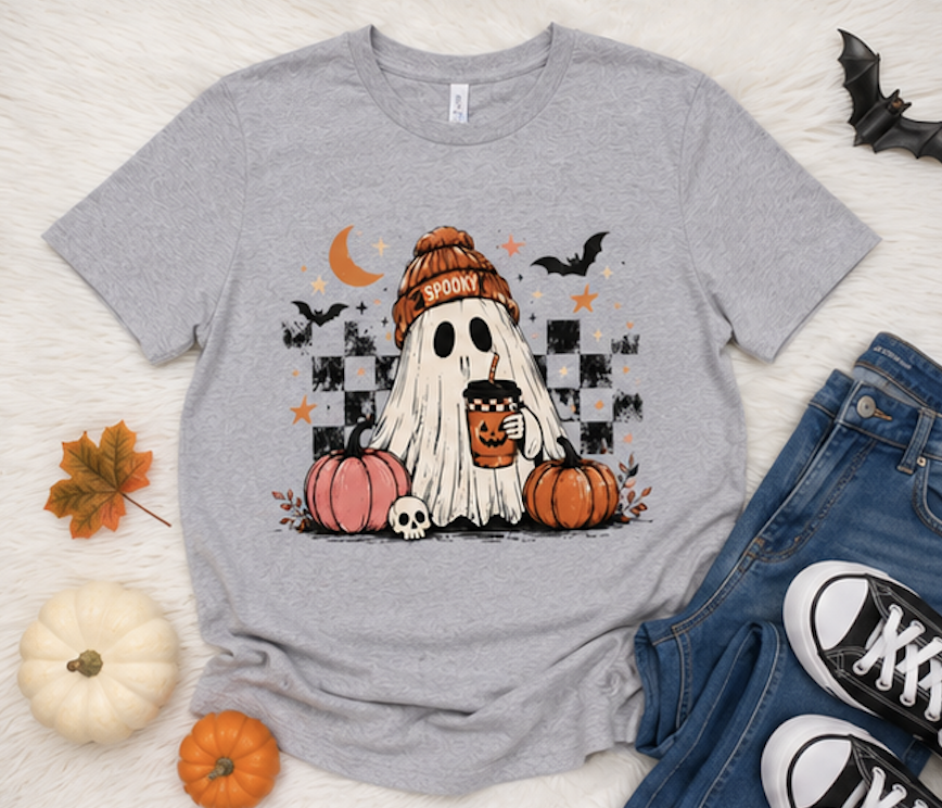 Cute Ghost Halloween Shirt, Spooky Season Shirt, Ghost Coffee Tee, Fall Graphic T-Shirt, Pumpkin Halloween Shirt, Autumn Shirt