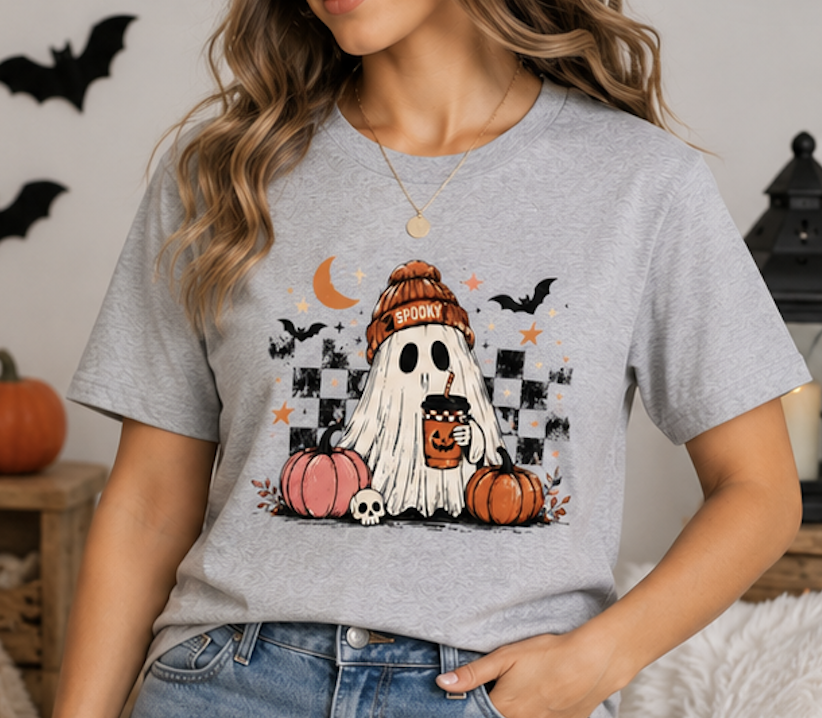 Cute Ghost Halloween Shirt, Spooky Season Shirt, Ghost Coffee Tee, Fall Graphic T-Shirt, Pumpkin Halloween Shirt, Autumn Shirt