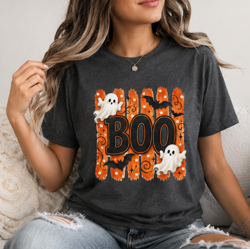 Halloween Boo Shirt, Cute Ghost T-Shirt, Spooky Season Tee, Halloween Graphic Shirt, Fall Shirt for Women, Ghost & Bat Tee