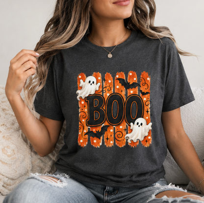 Halloween Boo Shirt, Cute Ghost T-Shirt, Spooky Season Tee, Halloween Graphic Shirt, Fall Shirt for Women, Ghost & Bat Tee