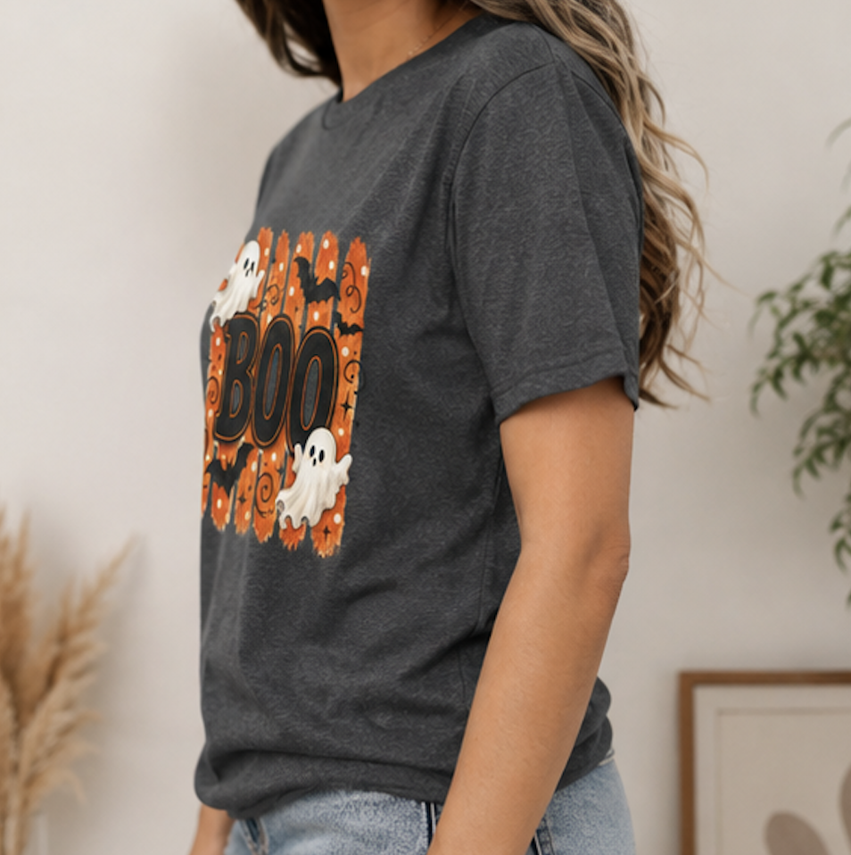 Halloween Boo Shirt, Cute Ghost T-Shirt, Spooky Season Tee, Halloween Graphic Shirt, Fall Shirt for Women, Ghost & Bat Tee