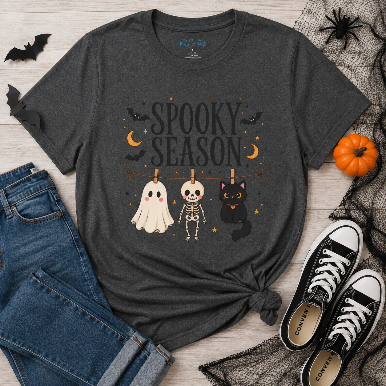 Spooky Season Shirt, Halloween Shirt for Women, Cute Ghost Shirt, Skeleton & Black Cat Tee, Halloween Graphic T-Shirt, Spooky Fall Tee