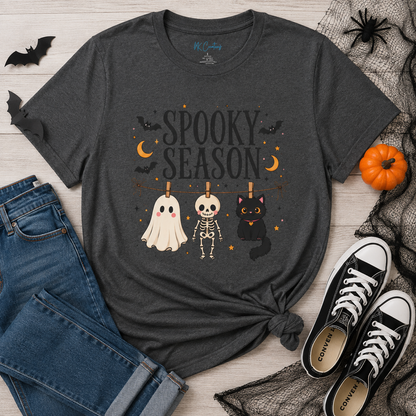 Spooky Season Shirt, Halloween Shirt for Women, Cute Ghost Shirt, Skeleton & Black Cat Tee, Halloween Graphic T-Shirt, Spooky Fall Tee