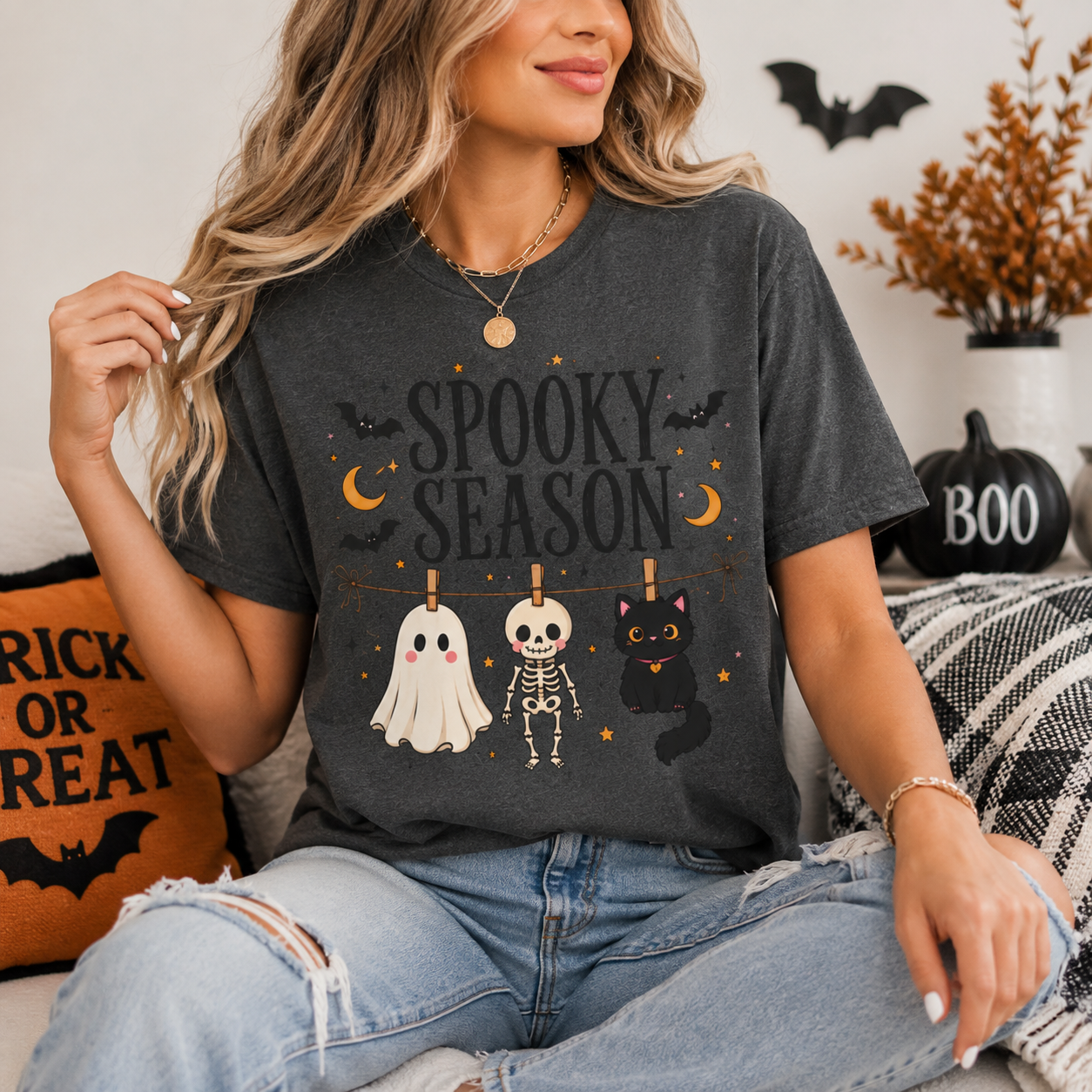 Spooky Season Shirt, Halloween Shirt for Women, Cute Ghost Shirt, Skeleton & Black Cat Tee, Halloween Graphic T-Shirt, Spooky Fall Tee