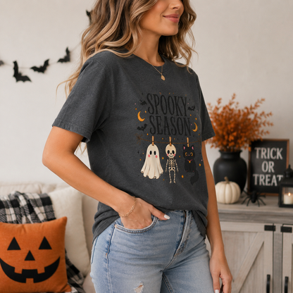 Spooky Season Shirt, Halloween Shirt for Women, Cute Ghost Shirt, Skeleton & Black Cat Tee, Halloween Graphic T-Shirt, Spooky Fall Tee