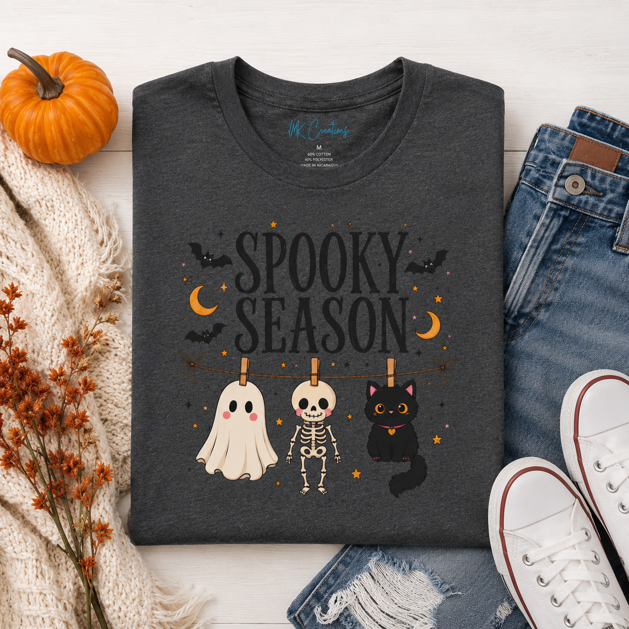 Spooky Season Shirt, Halloween Shirt for Women, Cute Ghost Shirt, Skeleton & Black Cat Tee, Halloween Graphic T-Shirt, Spooky Fall Tee