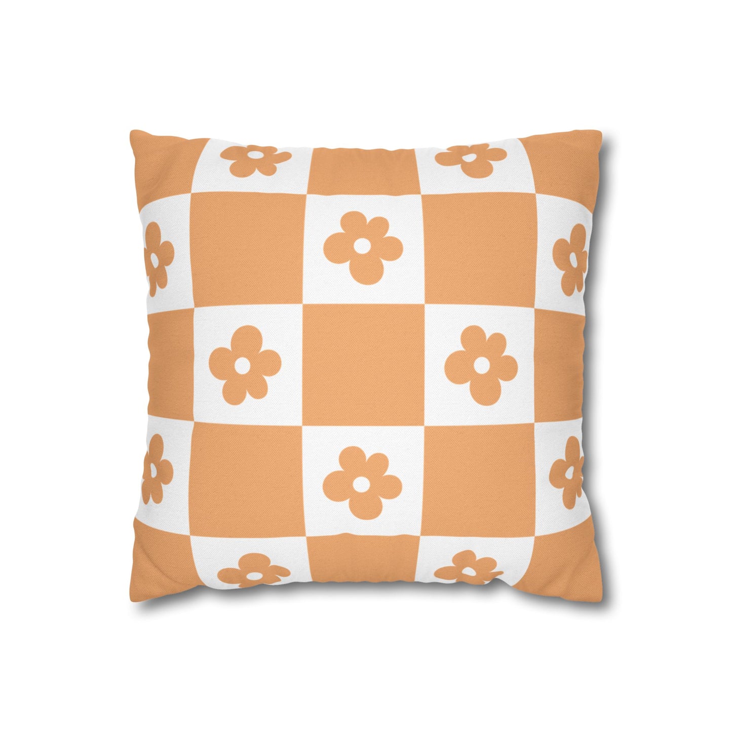 Retro Orange Checker Floral Pillow Cover — 16" Square Decorative Throw