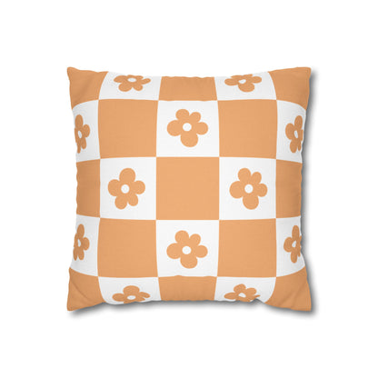 Retro Orange Checker Floral Pillow Cover — 16" Square Decorative Throw