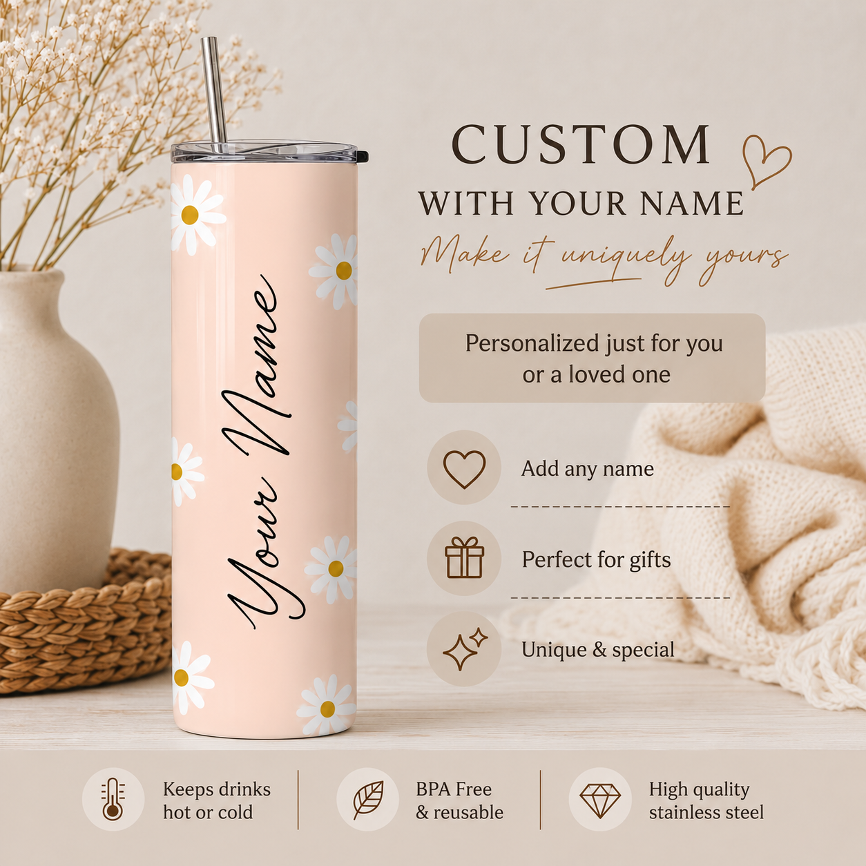 Personalized Daisy Tumbler with Name – 20 oz Custom Tumbler