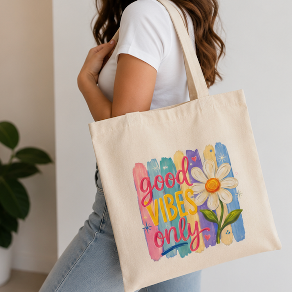 Tote — "Good Vibes Only" Daisy Canvas Tote Bag