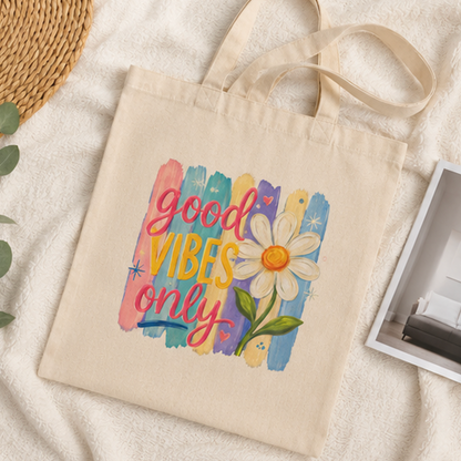 Tote — "Good Vibes Only" Daisy Canvas Tote Bag