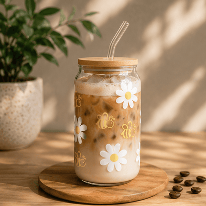 Bee & Daisy-Glass Cup - MK CREATIONS