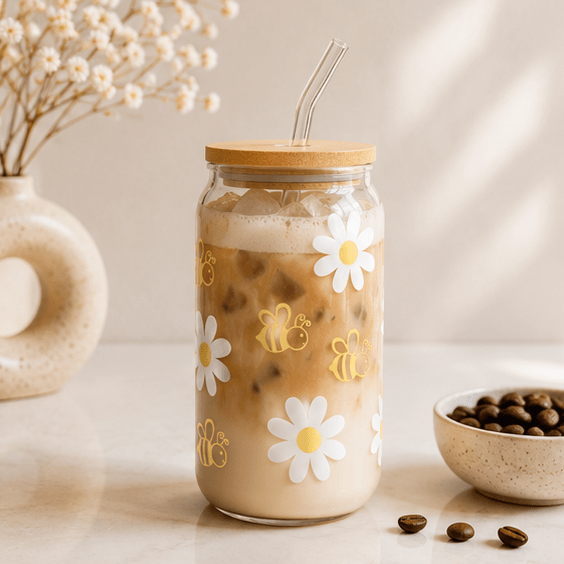 Bee & Daisy-Glass Cup - MK CREATIONS