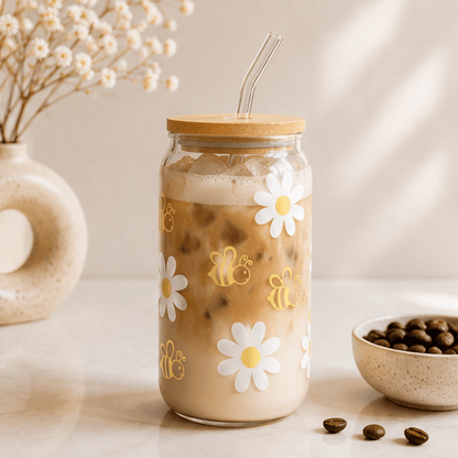 Bee & Daisy-Glass Cup - MK CREATIONS