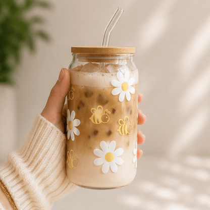 Bee & Daisy-Glass Cup - MK CREATIONS