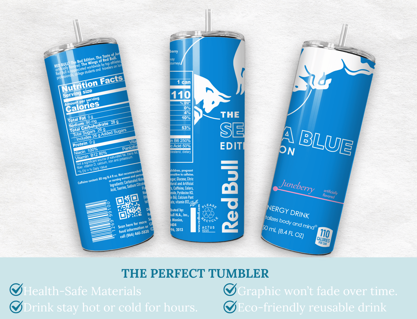 Blue Energy Drink Inspired 20oz Skinny Tumbler — Drinkware with Reusable Straw - MK CREATIONS