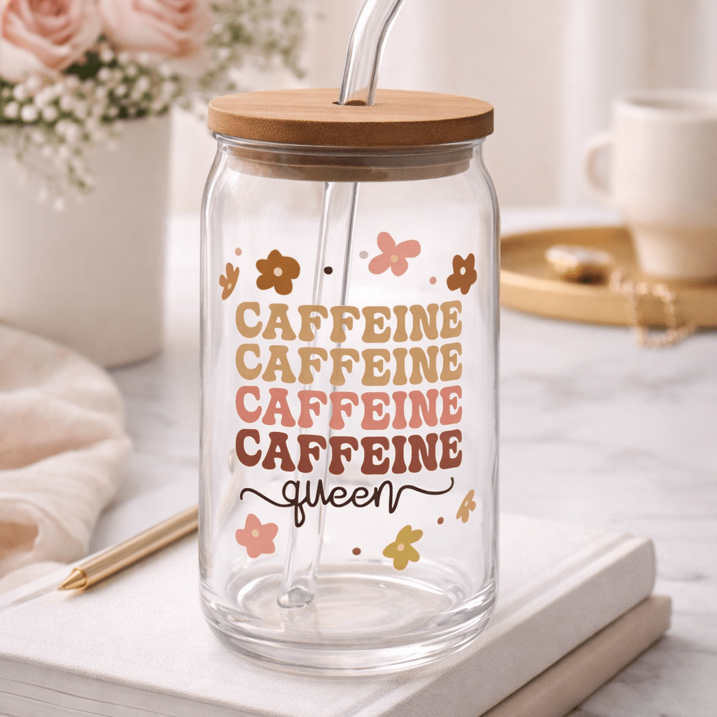 Caffeine Queen Floral Glass Cup - MK CREATIONS