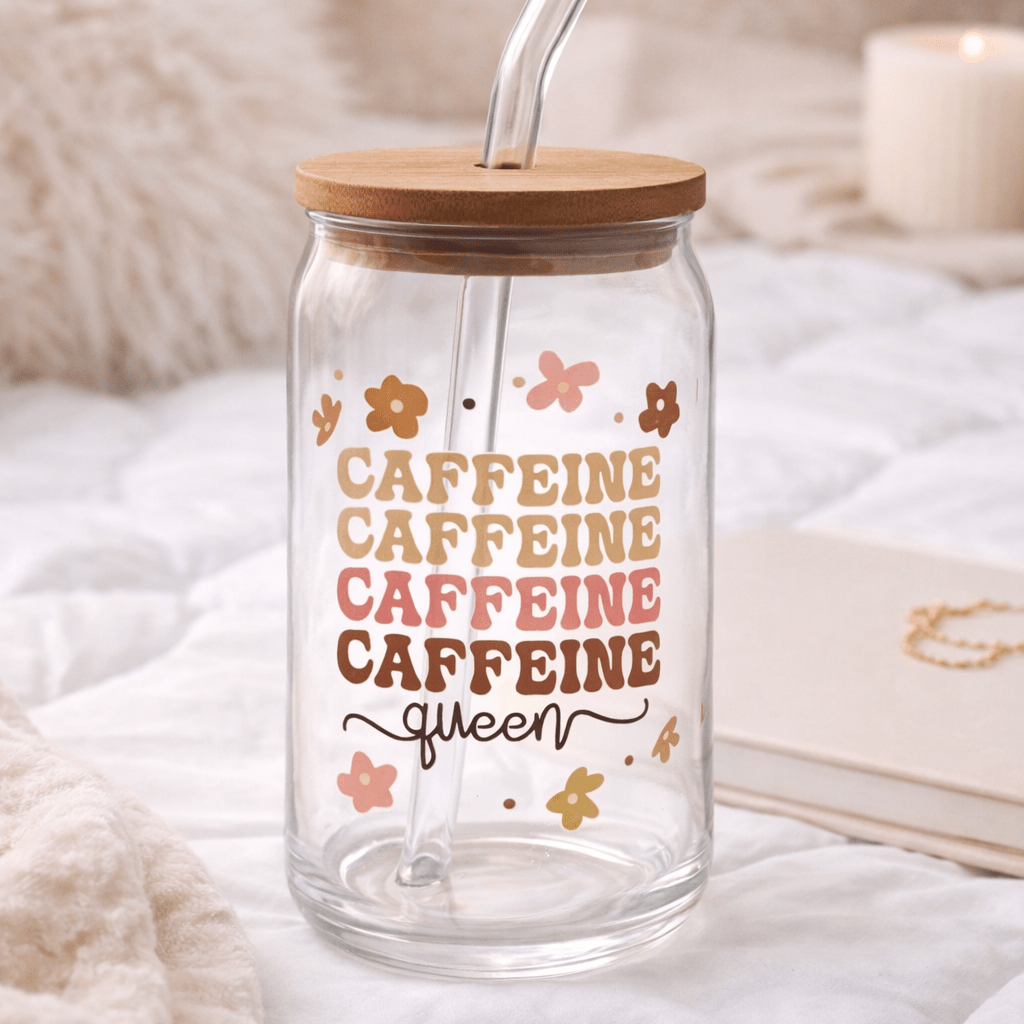 Caffeine Queen Floral Glass Cup - MK CREATIONS