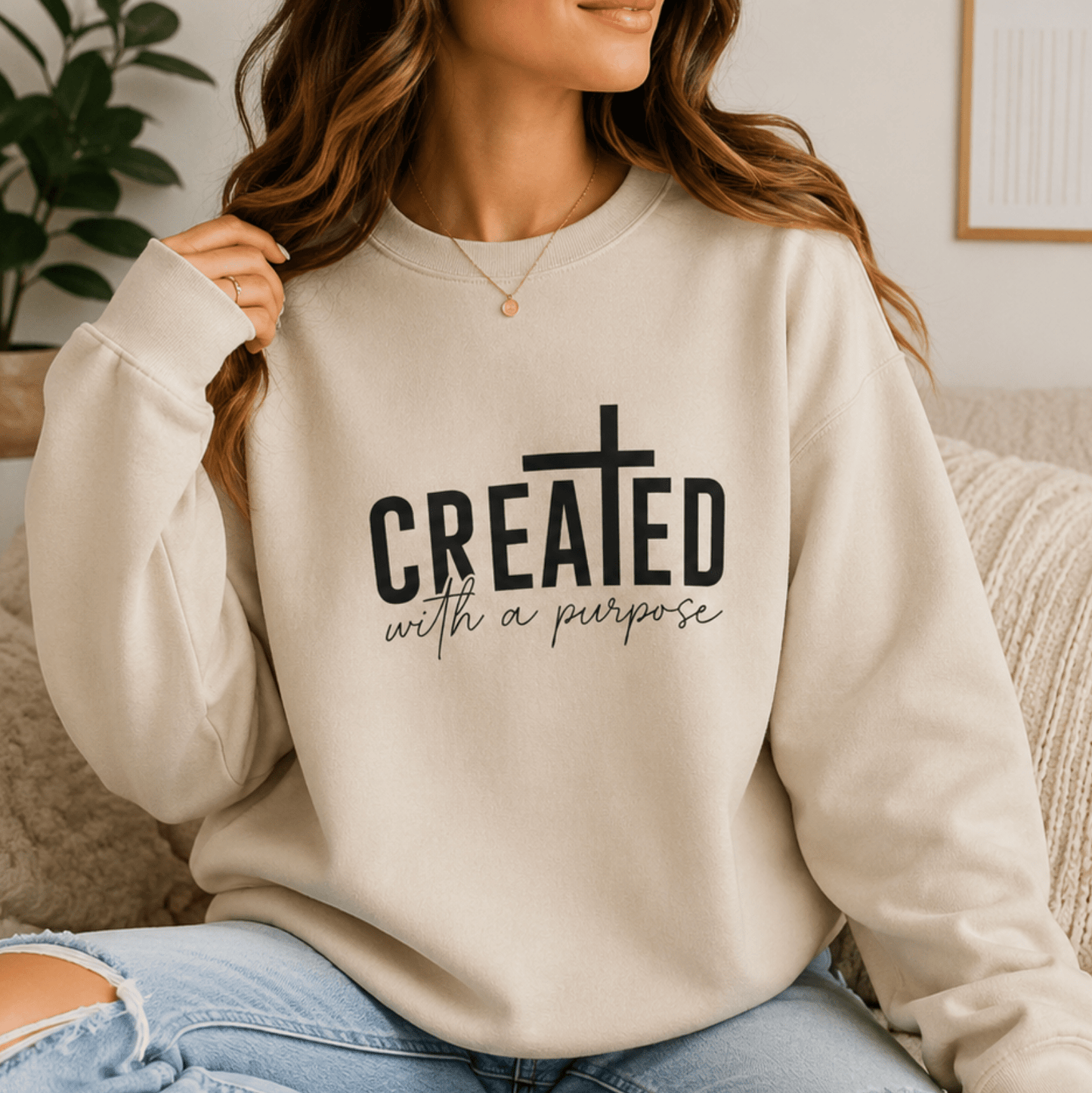 Created With a Purpose Crewneck Sweatshirt — Inspirational Christian Pullover - MK CREATIONS