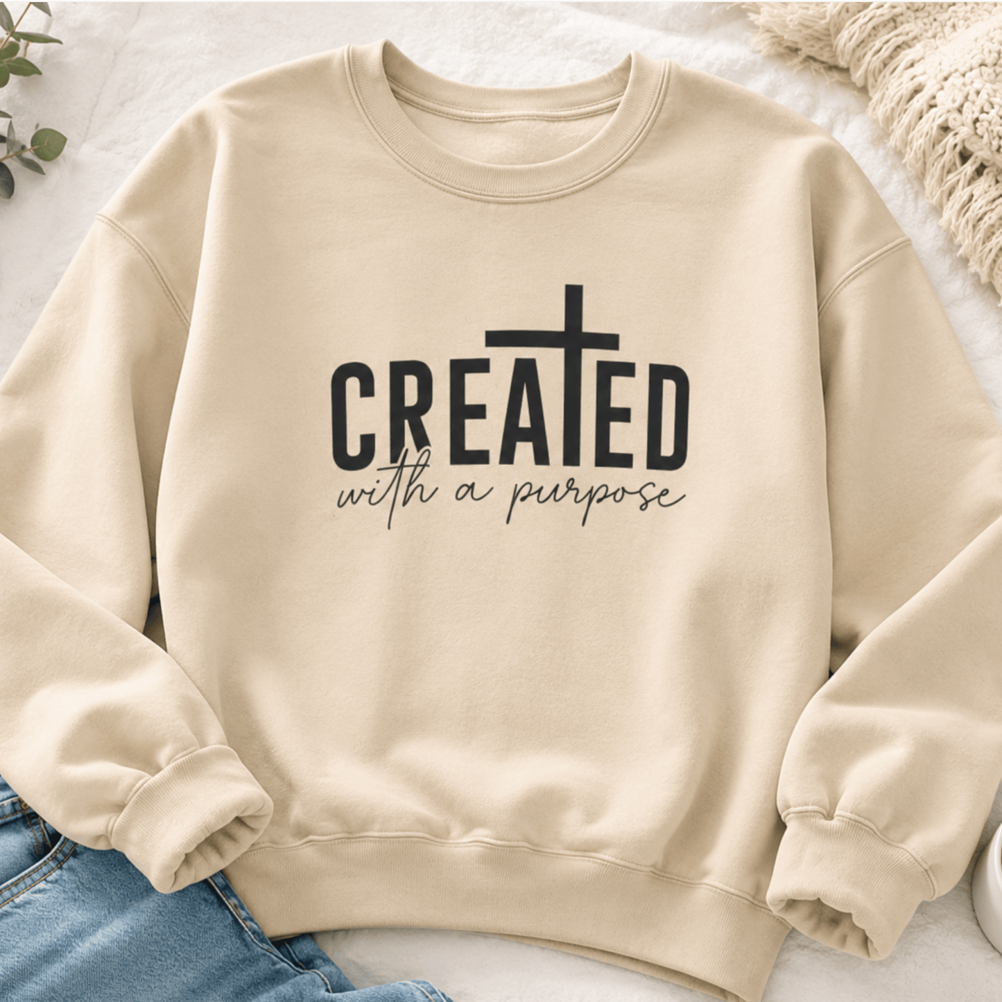 Created With a Purpose Crewneck Sweatshirt — Inspirational Christian Pullover - MK CREATIONS